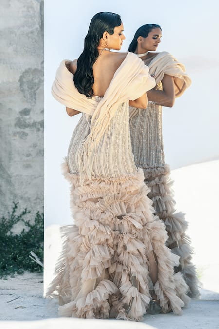 Shop Geisha Designs Ivory Viscose Hand Embroidered Beads Straight Neck Muriel Gown at Aza Fashions Shop_Geisha Designs_Ivory Viscose Hand Embroidered Beads Straight Neck Muriel Gown _at_Aza_Fashions