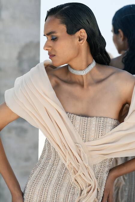 Geisha Designs Ivory Viscose Hand Embroidered Beads Straight Neck Muriel Gown Online at Aza Fashions Geisha Designs_Ivory Viscose Hand Embroidered Beads Straight Neck Muriel Gown _Online_at_Aza_Fashions