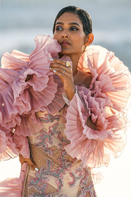 Geisha Designs Pink Nylon Hand Embroidered Leaf Round Marina Gown Online at Aza Fashions Geisha Designs_Pink Nylon Hand Embroidered Leaf Round Marina Gown _Online_at_Aza_Fashions