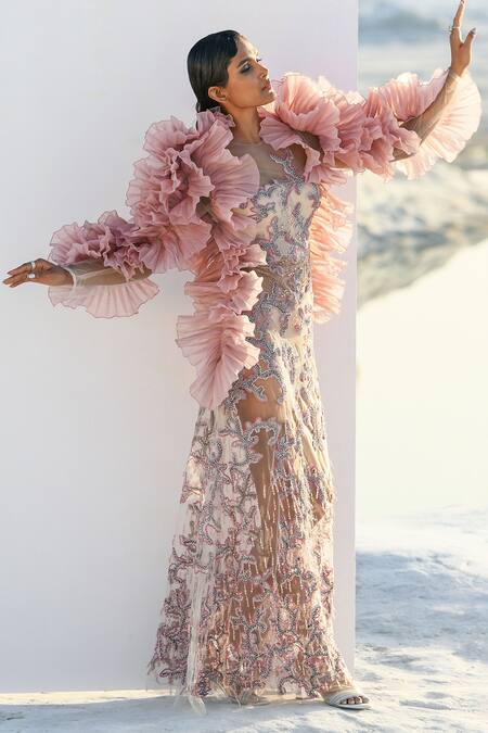 Buy Geisha Designs Pink Nylon Hand Embroidered Leaf Round Marina Gown Online at Aza Fashions Buy_Geisha Designs_Pink Nylon Hand Embroidered Leaf Round Marina Gown _Online_at_Aza_Fashions