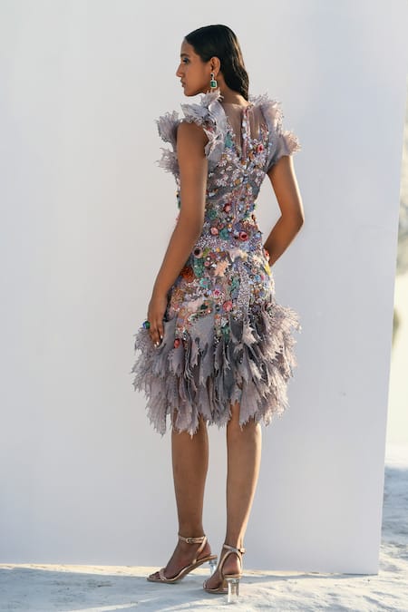 Shop Geisha Designs Purple Polyester, Nylon Sequins, Embroidery Round Neck Marley Hand Dress at Aza Fashions Shop_Geisha Designs_Purple Polyester, Nylon Sequins, Embroidery Round Neck Marley Hand Dress _at_Aza_Fashions