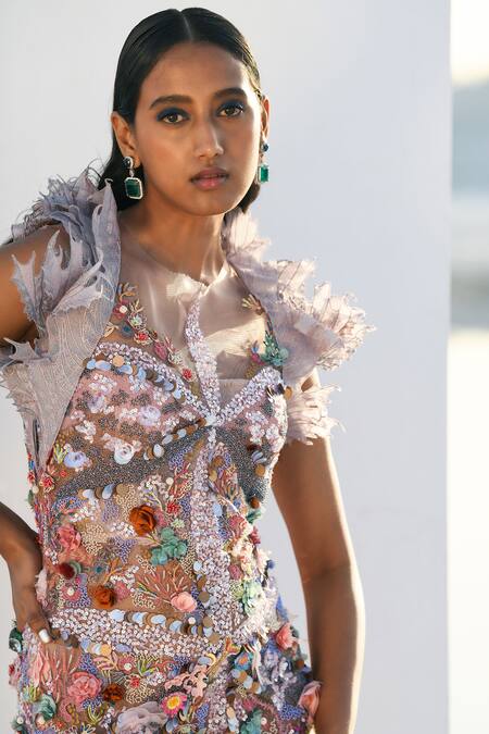 Geisha Designs Purple Polyester, Nylon Sequins, Embroidery Round Neck Marley Hand Dress Online at Aza Fashions Geisha Designs_Purple Polyester, Nylon Sequins, Embroidery Round Neck Marley Hand Dress _Online_at_Aza_Fashions