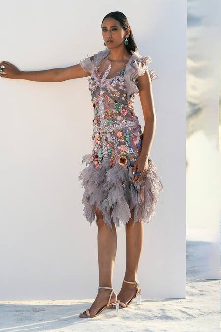 Buy Geisha Designs Purple Polyester, Nylon Sequins, Embroidery Round Neck Marley Hand Dress Online at Aza Fashions Buy_Geisha Designs_Purple Polyester, Nylon Sequins, Embroidery Round Neck Marley Hand Dress _Online_at_Aza_Fashions