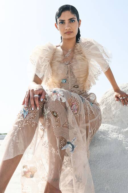 Geisha Designs Ivory Nylon Hand Embroidered Thread Round Kailani Gown Online at Aza Fashions Geisha Designs_Ivory Nylon Hand Embroidered Thread Round Kailani Gown _Online_at_Aza_Fashions