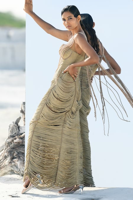 Buy Geisha Designs Gold Nylon Hand Embroidered Pearls One Shoulder Rosemary Gown Online at Aza Fashions Buy_Geisha Designs_Gold Nylon Hand Embroidered Pearls One Shoulder Rosemary Gown _Online_at_Aza_Fashions