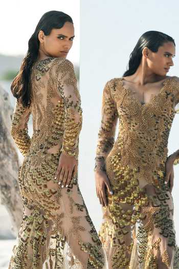 Geisha Designs_Gold Nylon Hand Embroidered Beads V Neck Haven And Pearls Gown  _Online_at_Aza_Fashions