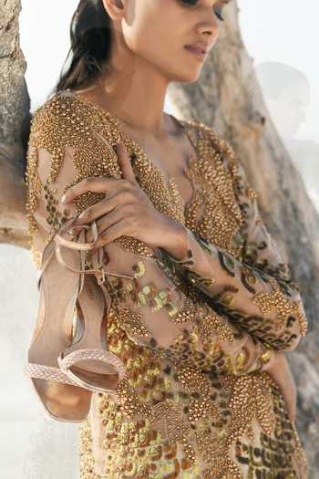 Buy_Geisha Designs_Gold Nylon Hand Embroidered Beads V Neck Haven And Pearls Gown  _Online_at_Aza_Fashions