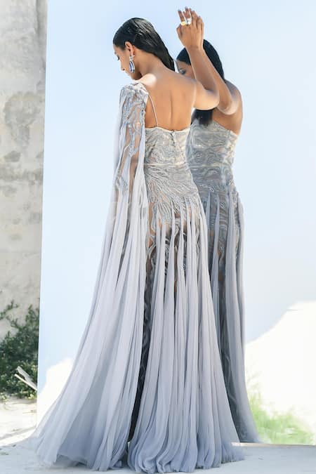 Shop Geisha Designs Grey Nylon Hand Embroidered Beads One Shoulder Kairi Gown at Aza Fashions Shop_Geisha Designs_Grey Nylon Hand Embroidered Beads One Shoulder Kairi Gown _at_Aza_Fashions