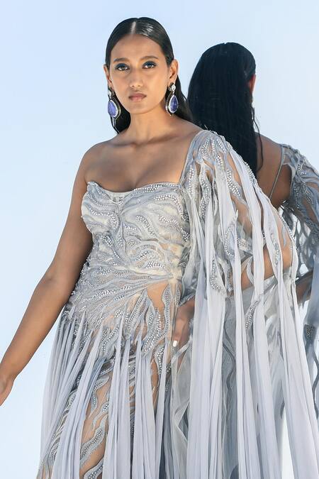 Geisha Designs Grey Nylon Hand Embroidered Beads One Shoulder Kairi Gown Online at Aza Fashions Geisha Designs_Grey Nylon Hand Embroidered Beads One Shoulder Kairi Gown _Online_at_Aza_Fashions