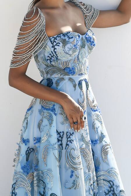 Geisha Designs Blue Polyester, Viscose, Nylon Pearls, Beads Marella Hand Embroidered Gown Online at Aza Fashions Geisha Designs_Blue Polyester, Viscose, Nylon Pearls, Beads Marella Hand Embroidered Gown _Online_at_Aza_Fashions