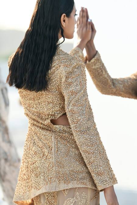 Buy_Geisha Designs_Gold Nylon Hand Embroidered Sequins Shawl Nori Jacket And Skirt Set  _Online_at_Aza_Fashions