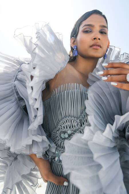 Geisha Designs Grey Nylon Hand Embroidered Sequins Round Isla Skirt Set Online at Aza Fashions Geisha Designs_Grey Nylon Hand Embroidered Sequins Round Isla Skirt Set _Online_at_Aza_Fashions