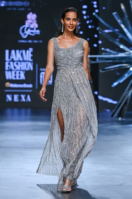 Shop Geisha Designs Grey Nylon Embroidery Sequin Asymmetric Lilou Gown at Aza Fashions Shop_Geisha Designs_Grey Nylon Embroidery Sequin Asymmetric Lilou Gown _at_Aza_Fashions