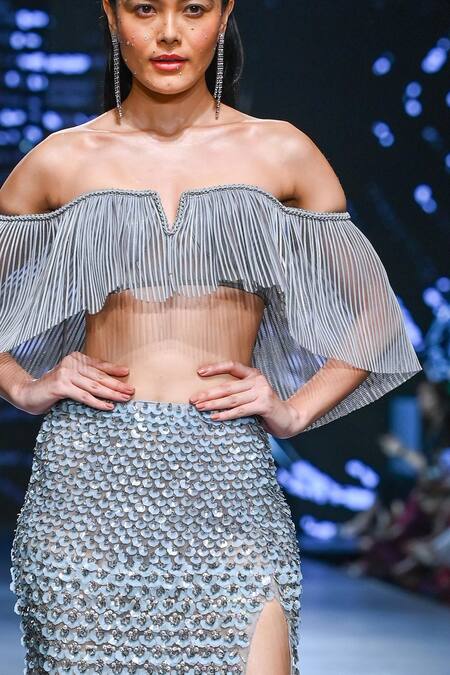 Geisha Designs_Silver Nylon Embellished Elvira Pleated Tassel Top And Skirt Set  _Online_at_Aza_Fashions