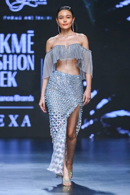 Buy_Geisha Designs_Silver Nylon Embellished Elvira Pleated Tassel Top And Skirt Set  _Online_at_Aza_Fashions