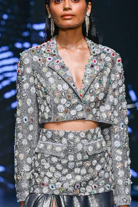 Geisha Designs_Gray Polyester Embellished Gemstone Notched Zari Grey Blazer And Draped Skirt Set _Online_at_Aza_Fashions