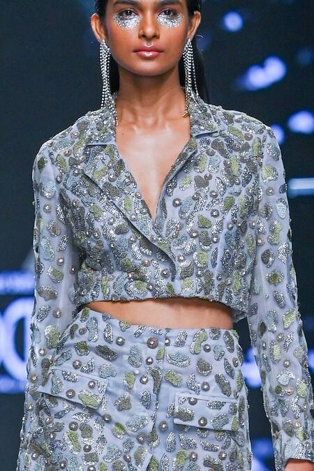 Geisha Designs Grey Nylon Embroidered Crystal Notched Stardelle Blazer And Skirt Set Online at Aza Fashions Geisha Designs_Grey Nylon Embroidered Crystal Notched Stardelle Blazer And Skirt Set _Online_at_Aza_Fashions