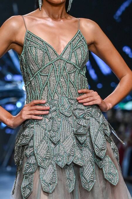 Geisha Designs Brown Nylon Embellished Pearl Sweetheart Neck Nyah Gown Online at Aza Fashions Geisha Designs_Brown Nylon Embellished Pearl Sweetheart Neck Nyah Gown _Online_at_Aza_Fashions