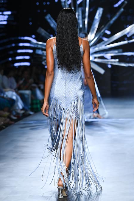 Shop Geisha Designs Blue Nylon Cord Plunge V Neck Tullia Work Dress at Aza Fashions Shop_Geisha Designs_Blue Nylon Cord Plunge V Neck Tullia Work Dress _at_Aza_Fashions