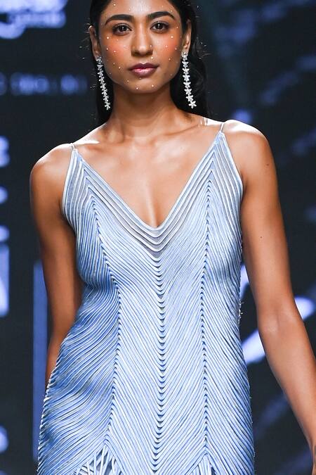 Geisha Designs Blue Nylon Cord Plunge V Neck Tullia Work Dress Online at Aza Fashions Geisha Designs_Blue Nylon Cord Plunge V Neck Tullia Work Dress _Online_at_Aza_Fashions