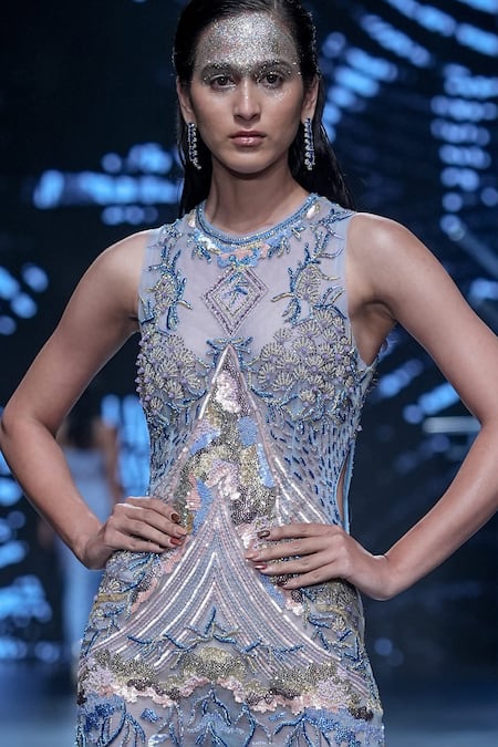 Geisha Designs Gold Nylon Embroidered Crystal Round Perlin Abstract Floral Dress Online at Aza Fashions Geisha Designs_Gold Nylon Embroidered Crystal Round Perlin Abstract Floral Dress _Online_at_Aza_Fashions