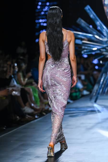 Shop Geisha Designs Purple Nylon Embellished Pearl Sweetheart Neck Lyrissa Ruched Gown at Aza Fashions Shop_Geisha Designs_Purple Nylon Embellished Pearl Sweetheart Neck Lyrissa Ruched Gown _at_Aza_Fashions