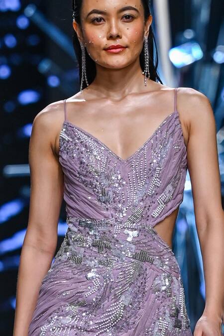 Geisha Designs Purple Nylon Embellished Pearl Sweetheart Neck Lyrissa Ruched Gown Online at Aza Fashions Geisha Designs_Purple Nylon Embellished Pearl Sweetheart Neck Lyrissa Ruched Gown _Online_at_Aza_Fashions