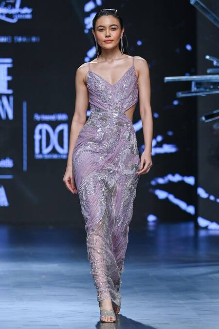 Buy Geisha Designs Purple Nylon Embellished Pearl Sweetheart Neck Lyrissa Ruched Gown Online at Aza Fashions Buy_Geisha Designs_Purple Nylon Embellished Pearl Sweetheart Neck Lyrissa Ruched Gown _Online_at_Aza_Fashions