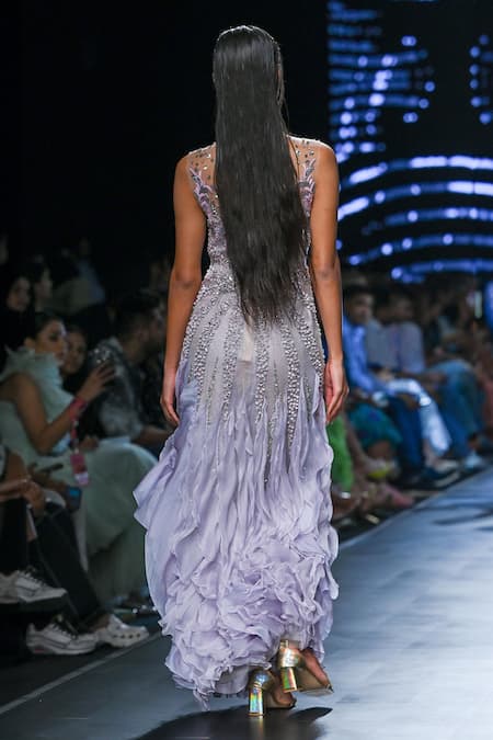 Shop Geisha Designs Blue Nylon Embroidered Beads Illusion Round Neck Illyria Ruffled Gown at Aza Fashions Shop_Geisha Designs_Blue Nylon Embroidered Beads Illusion Round Neck Illyria Ruffled Gown _at_Aza_Fashions