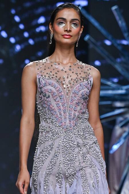 Geisha Designs Blue Nylon Embroidered Beads Illusion Round Neck Illyria Ruffled Gown Online at Aza Fashions Geisha Designs_Blue Nylon Embroidered Beads Illusion Round Neck Illyria Ruffled Gown _Online_at_Aza_Fashions