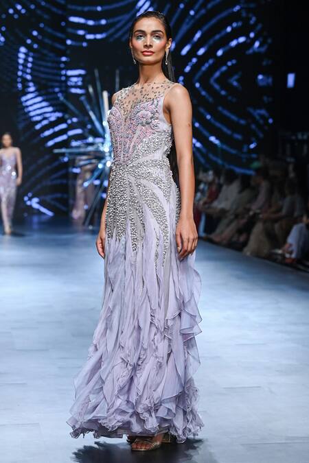 Buy Geisha Designs Blue Nylon Embroidered Beads Illusion Round Neck Illyria Ruffled Gown Online at Aza Fashions Buy_Geisha Designs_Blue Nylon Embroidered Beads Illusion Round Neck Illyria Ruffled Gown _Online_at_Aza_Fashions