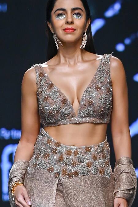 Geisha Designs_Gold Nylon Embroidered Cut Rustine Shimmer Skirt Saree And Blouse Set  _Online_at_Aza_Fashions