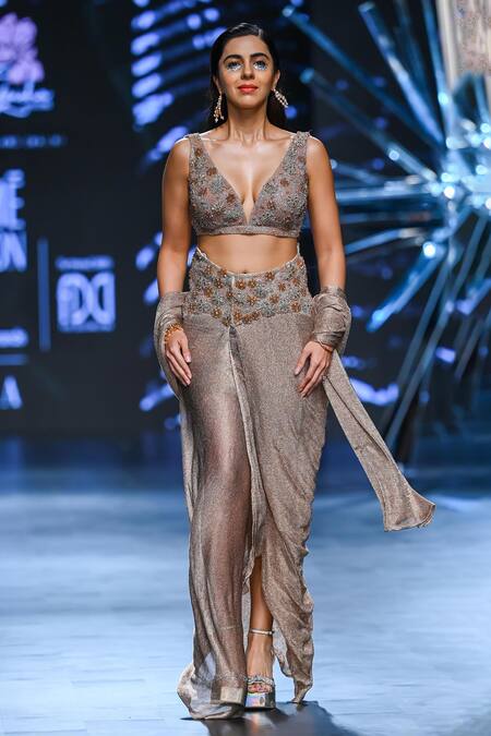 Buy_Geisha Designs_Gold Nylon Embroidered Cut Rustine Shimmer Skirt Saree And Blouse Set  _Online_at_Aza_Fashions