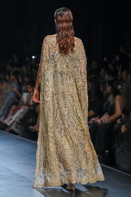 Shop Geisha Designs Gold Nylon Embroidered Zari Thread Sweetheart Ember Striped Gown at Aza Fashions Shop_Geisha Designs_Gold Nylon Embroidered Zari Thread Sweetheart Ember Striped Gown _at_Aza_Fashions