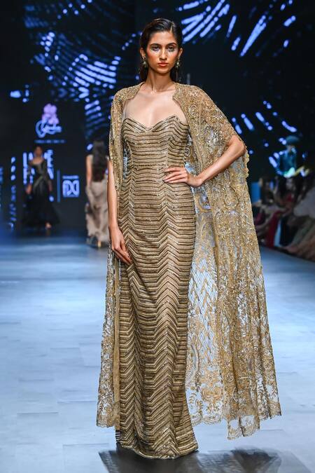 Geisha Designs Gold Nylon Embroidered Zari Thread Sweetheart Ember Striped Gown Online at Aza Fashions Geisha Designs_Gold Nylon Embroidered Zari Thread Sweetheart Ember Striped Gown _Online_at_Aza_Fashions