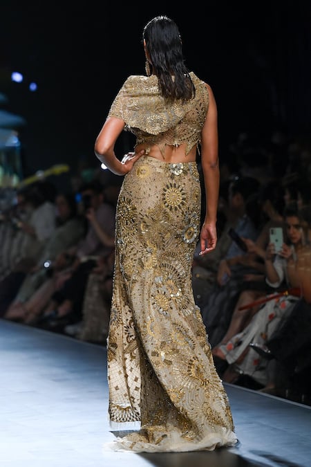 Shop Geisha Designs Gold Nylon Embroidered Dori Thread Top Clista Fish Cut Skirt Set at Aza Fashions Shop_Geisha Designs_Gold Nylon Embroidered Dori Thread Top Clista Fish Cut Skirt Set _at_Aza_Fashions