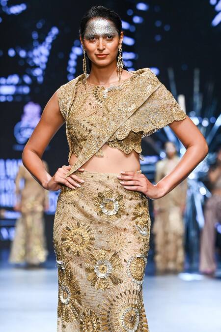 Geisha Designs Gold Nylon Embroidered Dori Thread Top Clista Fish Cut Skirt Set Online at Aza Fashions Geisha Designs_Gold Nylon Embroidered Dori Thread Top Clista Fish Cut Skirt Set _Online_at_Aza_Fashions