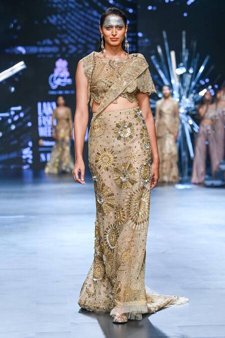 Buy Geisha Designs Gold Nylon Embroidered Dori Thread Top Clista Fish Cut Skirt Set Online at Aza Fashions Buy_Geisha Designs_Gold Nylon Embroidered Dori Thread Top Clista Fish Cut Skirt Set _Online_at_Aza_Fashions