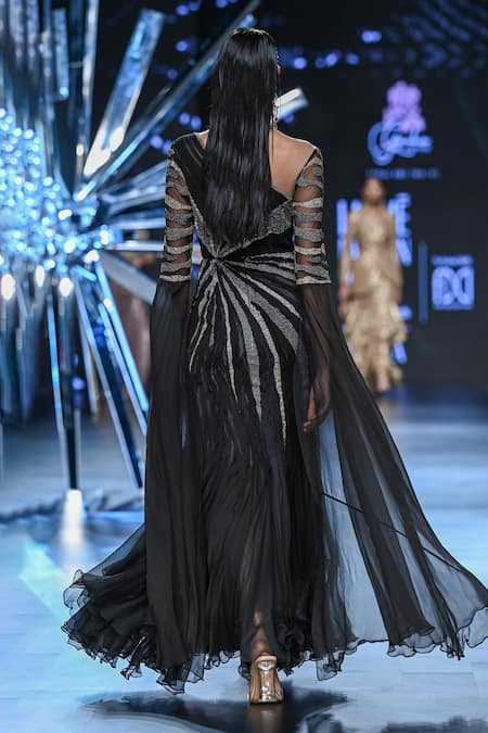 Shop Geisha Designs Black Nylon Embroidered Beads Asymmetric Neck Neva Panelled Gown at Aza Fashions Shop_Geisha Designs_Black Nylon Embroidered Beads Asymmetric Neck Neva Panelled Gown _at_Aza_Fashions