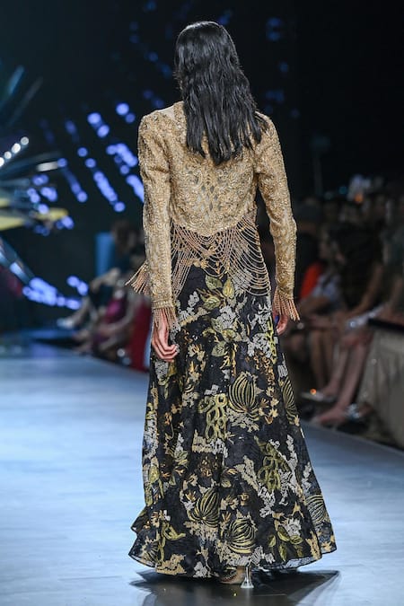 Shop Geisha Designs Black Nylon Embroidered Dori Jacket V Neck Solene Mermaid Skirt Set at Aza Fashions Shop_Geisha Designs_Black Nylon Embroidered Dori Jacket V Neck Solene Mermaid Skirt Set _at_Aza_Fashions