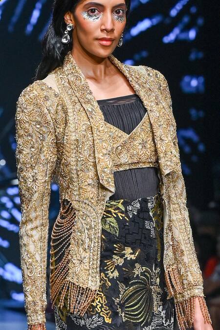 Geisha Designs Black Nylon Embroidered Dori Jacket V Neck Solene Mermaid Skirt Set Online at Aza Fashions Geisha Designs_Black Nylon Embroidered Dori Jacket V Neck Solene Mermaid Skirt Set _Online_at_Aza_Fashions