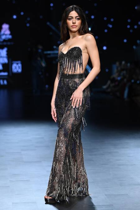 Buy_Geisha Designs_Black Nylon Embroidered Cut Dana Sweetheart Neck Bead Pant And Bralette Set _Online_at_Aza_Fashions