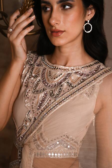 Buy_Geisha Designs_Beige Nylon Embroidered Mirrorwork Round Serin Layered Gown  _Online_at_Aza_Fashions