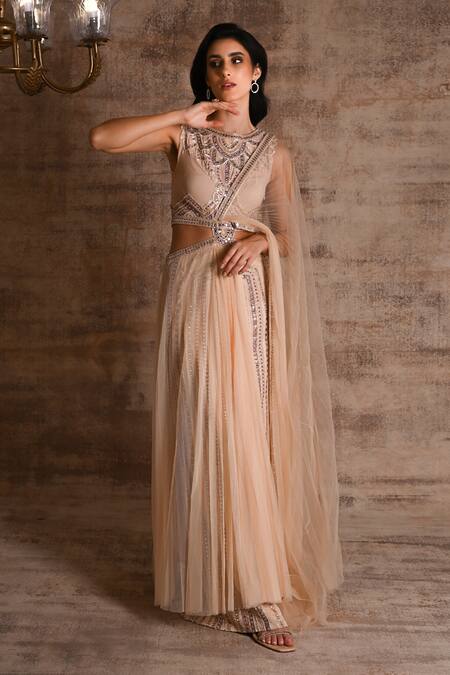 Geisha Designs_Beige Nylon Embroidered Mirrorwork Round Serin Layered Gown  _at_Aza_Fashions