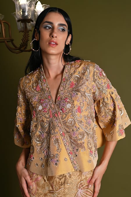 Geisha Designs_Gold Nylon Embroidered Thread V-neck Lehenga With Jacket _Online_at_Aza_Fashions