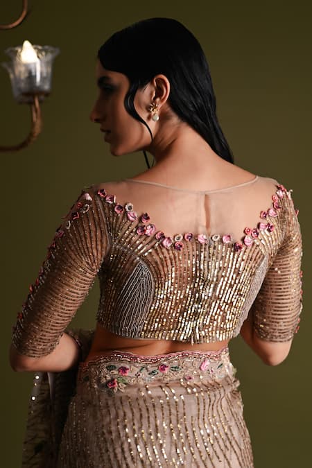 Geisha Designs_Off White Viscose Embroidered Ariana Floral Garden Applique Saree Set  _Online_at_Aza_Fashions