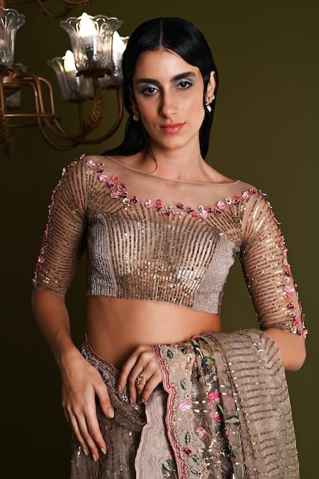 Buy_Geisha Designs_Off White Viscose Embroidered Ariana Floral Garden Applique Saree Set  _Online_at_Aza_Fashions