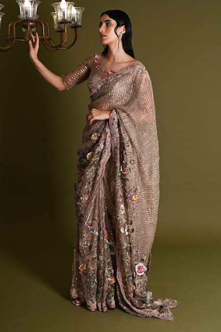 Shop_Geisha Designs_Off White Viscose Embroidered Ariana Floral Garden Applique Saree Set  _Online_at_Aza_Fashions