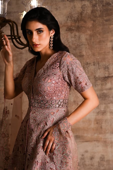 Geisha Designs_Pink Viscose Embroidered Amineh Cut-work Peplum Kurta Sharara Set  _Online_at_Aza_Fashions