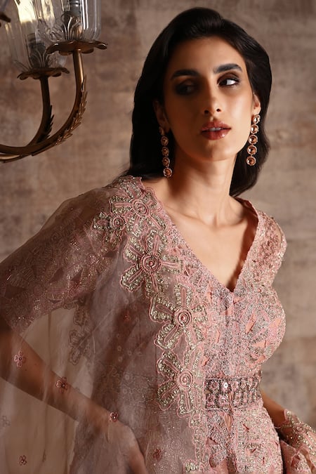 Buy_Geisha Designs_Pink Viscose Embroidered Amineh Cut-work Peplum Kurta Sharara Set  _Online_at_Aza_Fashions